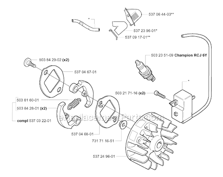 Ignition System  Clutch Diagram and Parts List for 326RJX 2004-03 Husqvarna Brush Cutter