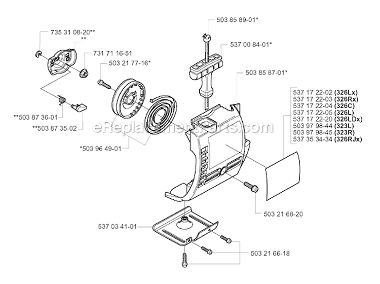 Starter Diagram and Parts List for 326RJX 2004-03 Husqvarna Brush Cutter