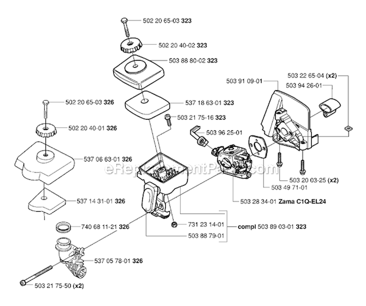 Carburetor  Air Filter Diagram and Parts List for 326RJX 2006-04 Husqvarna Brush Cutter