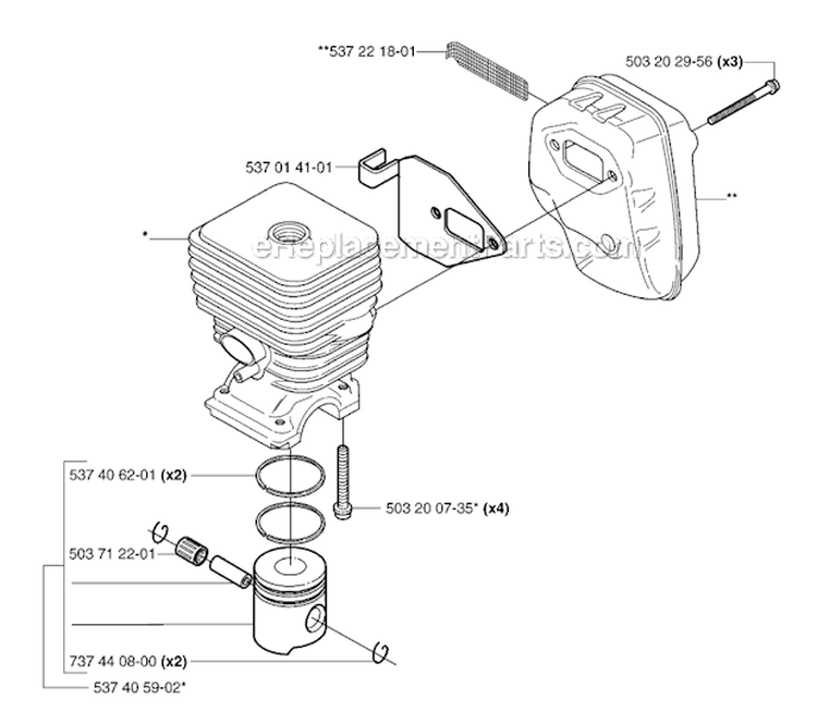 Cylinder Piston  Muffler Diagram and Parts List for 326RJX 2007-01 Husqvarna Brush Cutter