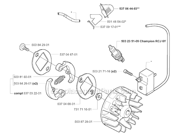 Ignition System  Clutch Diagram and Parts List for 326RX 2001-03 Husqvarna Brush Cutter