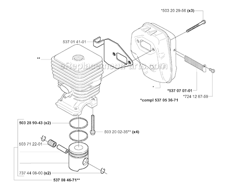 Cylinder Piston Diagram and Parts List for 326RX 2001-03 Husqvarna Brush Cutter
