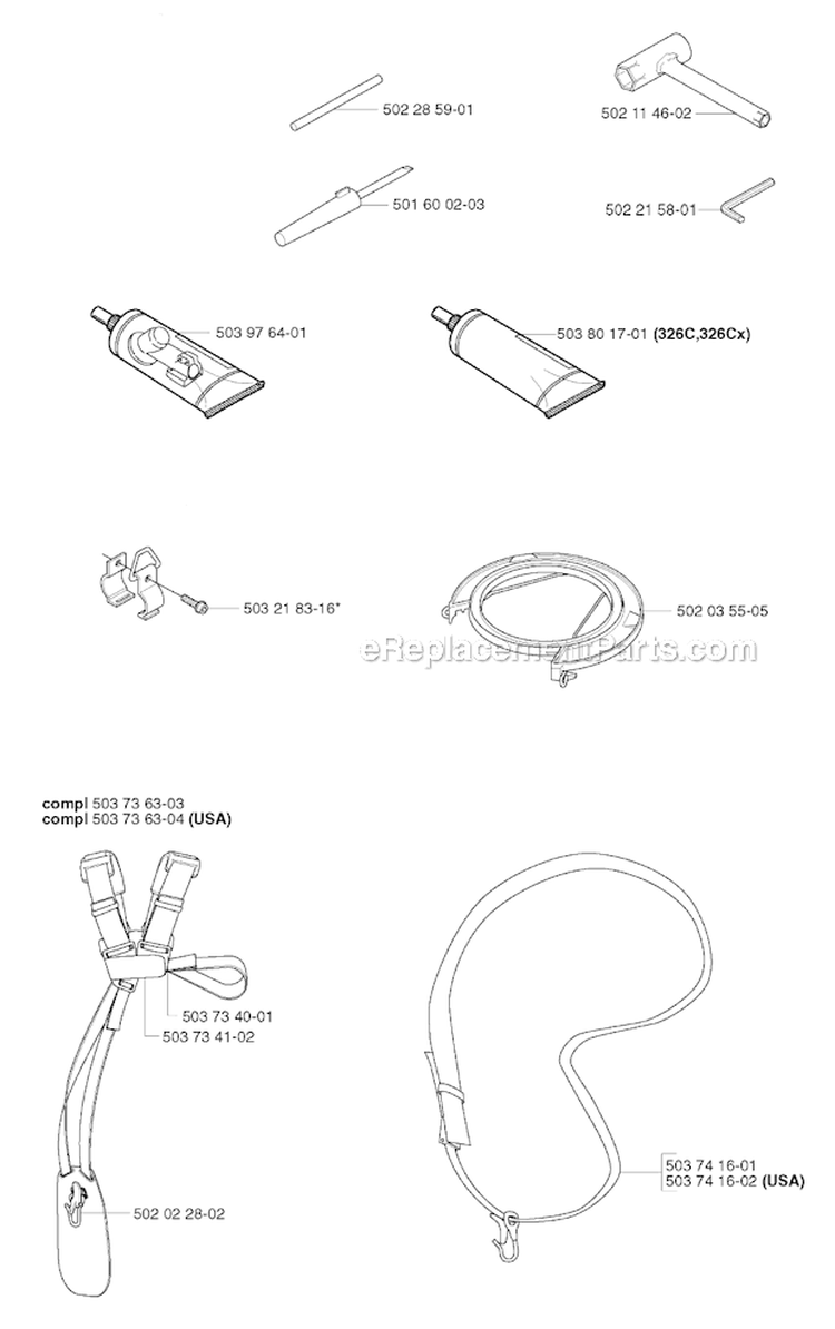 Accessories 1 Diagram and Parts List for 326RX 2002-08 Husqvarna Brush Cutter