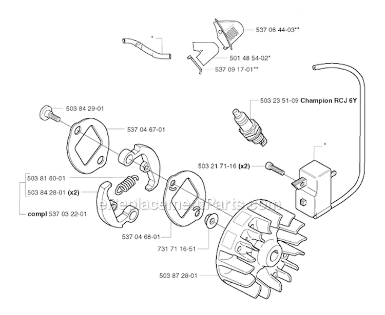 Ignition System  Clutch Diagram and Parts List for 326RX 2002-08 Husqvarna Brush Cutter