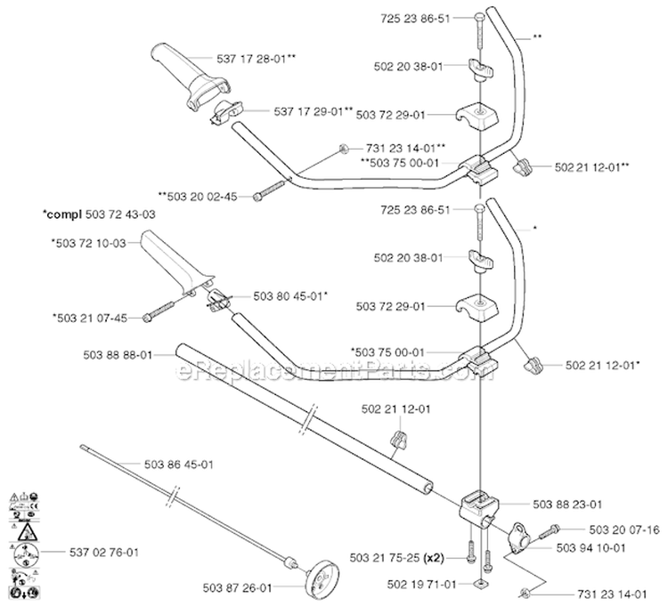 Shaft  Handle Diagram and Parts List for 326RX 2002-08 Husqvarna Brush Cutter