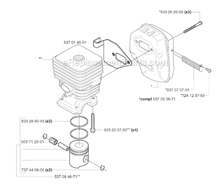 Cylinder Piston Diagram and Parts List for 326RX 2002-08 Husqvarna Brush Cutter