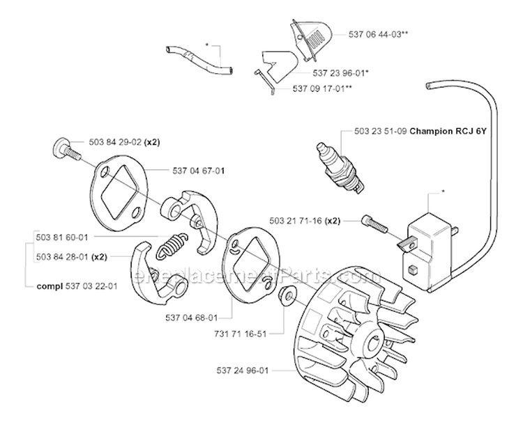Ignition System  Clutch Diagram and Parts List for 326RX 2004-03 Husqvarna Brush Cutter