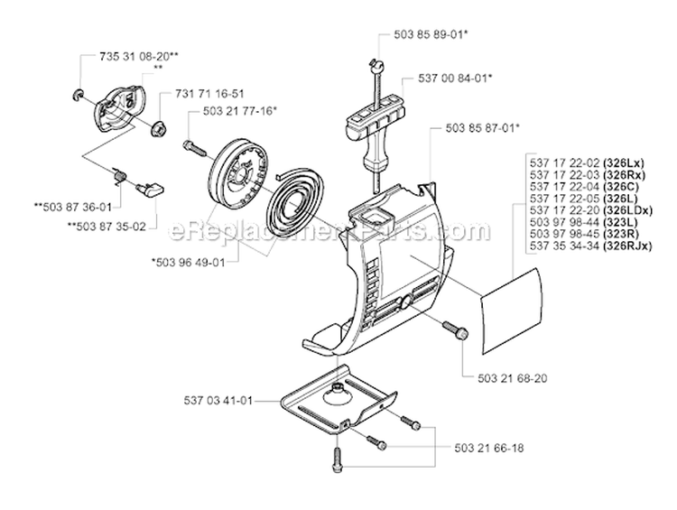 Starter Diagram and Parts List for 326RX 2004-03 Husqvarna Brush Cutter