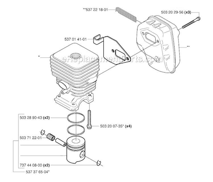 Cylinder Piston  Muffler Diagram and Parts List for 326RX 2006-04 Husqvarna Brush Cutter