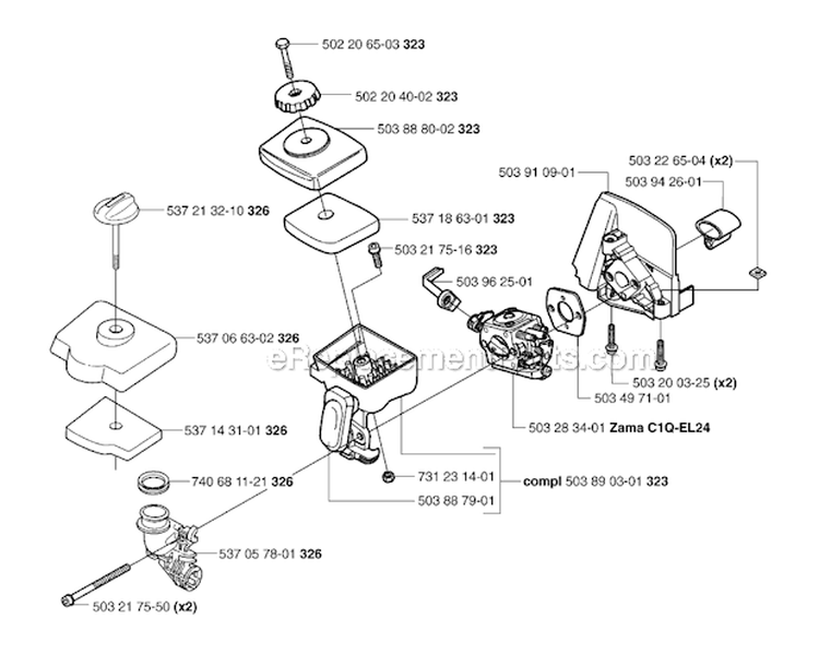 Carburetor  Air Filter Diagram and Parts List for 326RX 2007-01 Husqvarna Brush Cutter