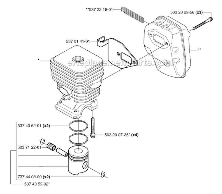 Cylinder Piston  Muffler Diagram and Parts List for 326RX 2007-01 Husqvarna Brush Cutter