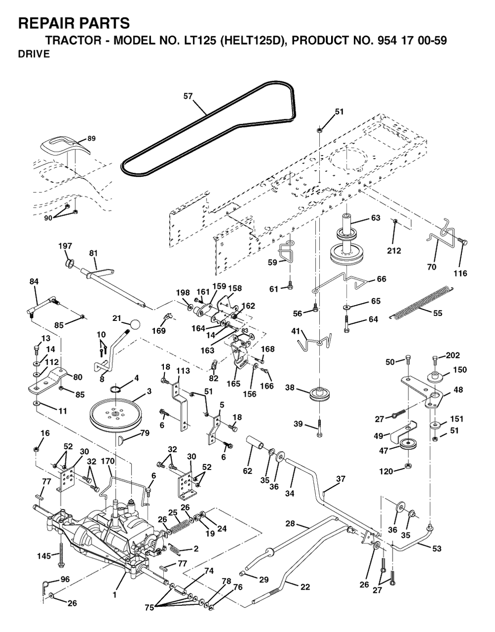 Drive Diagram and Parts List for LT125 (954170059-D)(2002-06) Husqvarna Lawn Tractor