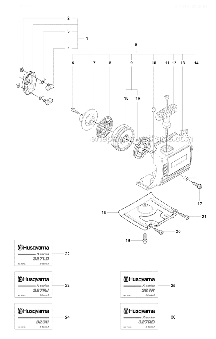Starter 1 Diagram and Parts List for 327RX 2008-03 Husqvarna Brush Cutter