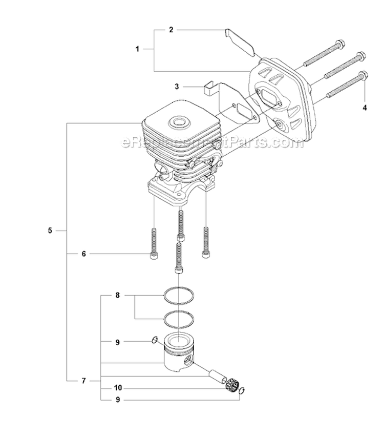 Cylinder Piston  Muffler Diagram and Parts List for 327RX 2009-10 Husqvarna Brush Cutter