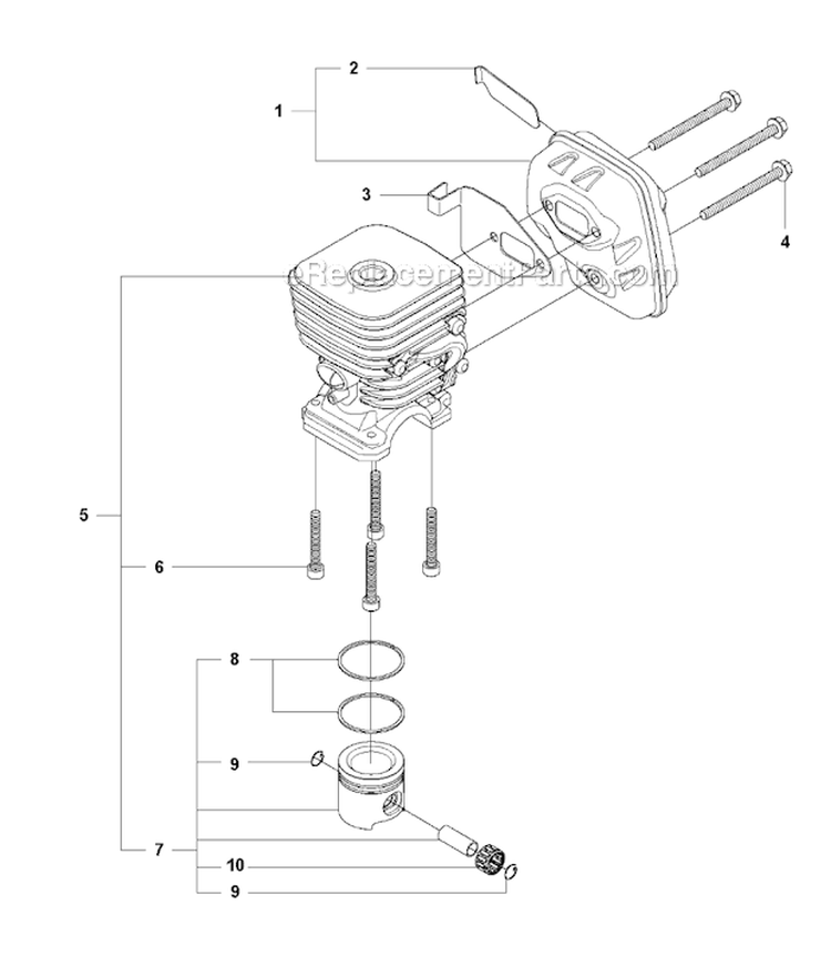 Cylinder Piston  Muffler Diagram and Parts List for 327RX 2012-01 Husqvarna Brush Cutter