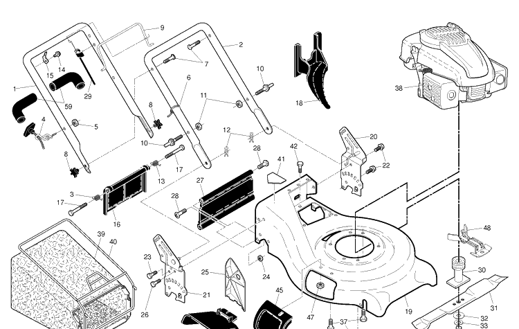 Frame And Engine Diagram and Parts List for 7021KR  Husqvarna Lawn Mower