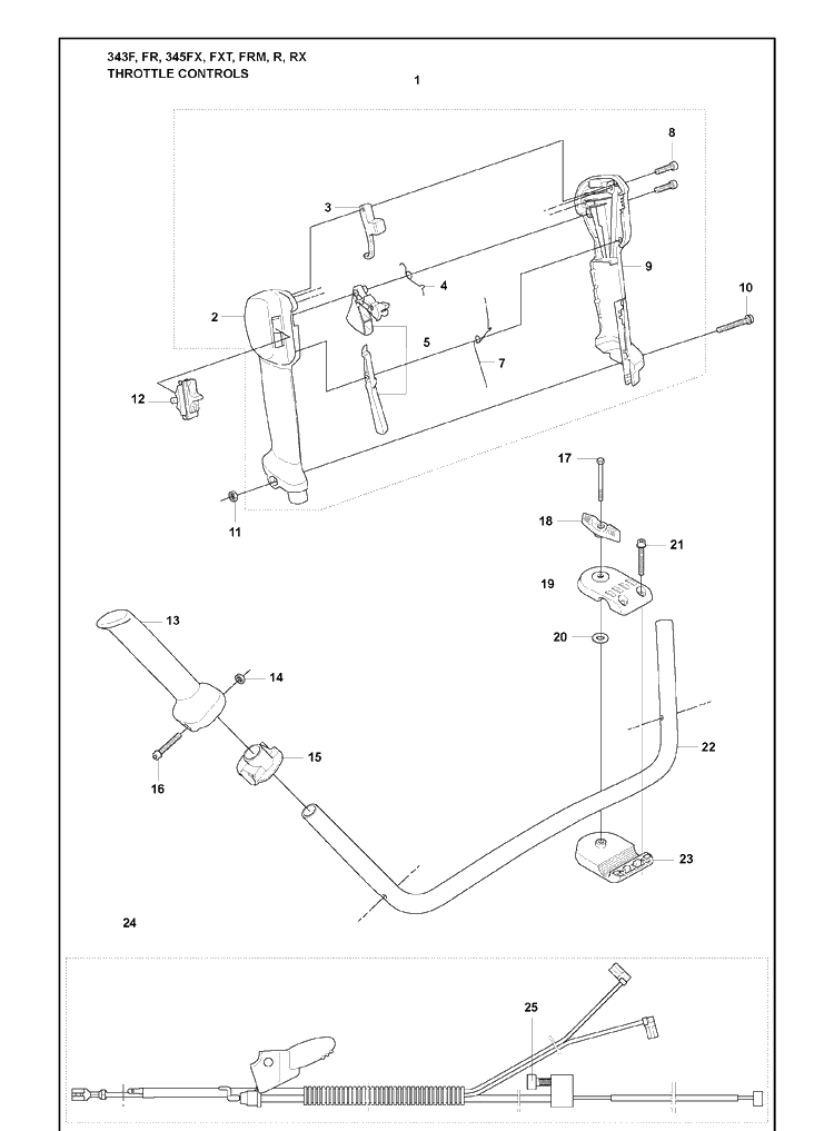 Throttle Controls Diagram and Parts List for 345FR 2008-05 Husqvarna Brush Cutter