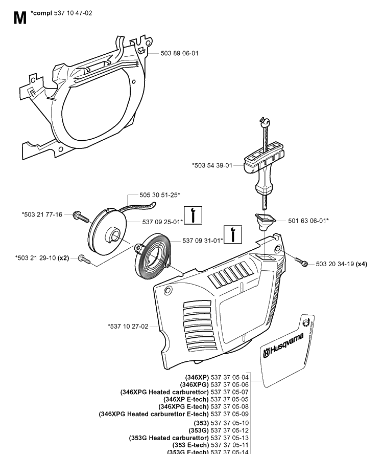 Starter Diagram and Parts List for 346XP 20041000001-20070799999 Husqvarna Chainsaw