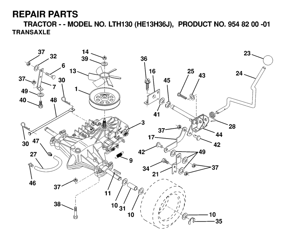 Transmission Diagram and Parts List for LTH130 (954820001-J)(2000-03) Husqvarna Lawn Tractor