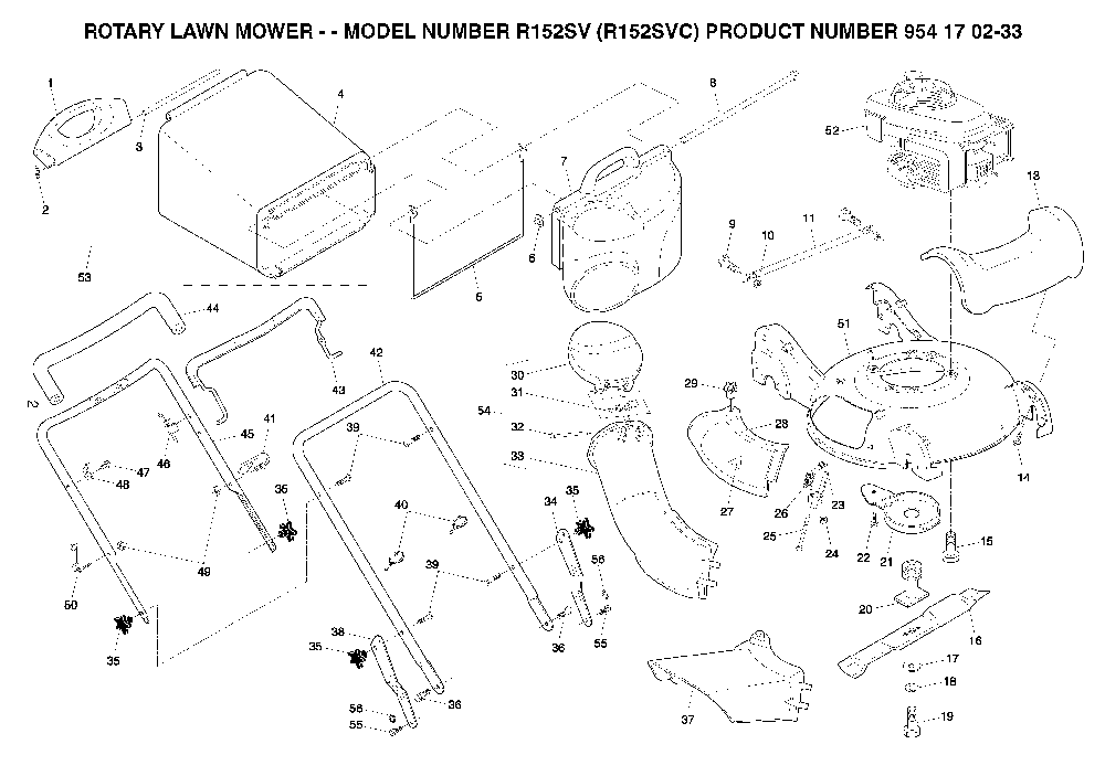 Frame And Engine Diagram and Parts List for R152SV (R152SVC, 954170233)(2004-10) Husqvarna Lawn Mower
