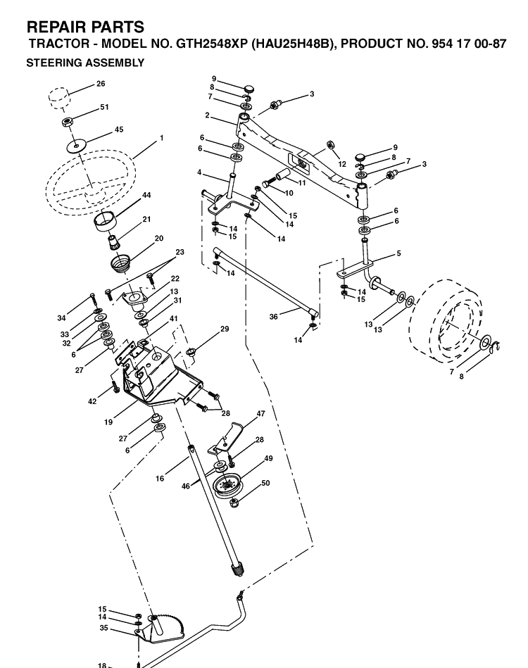 Steering Diagram and Parts List for GTH2548XP (HAU25H48B)(2004-01) Husqvarna Lawn Tractor