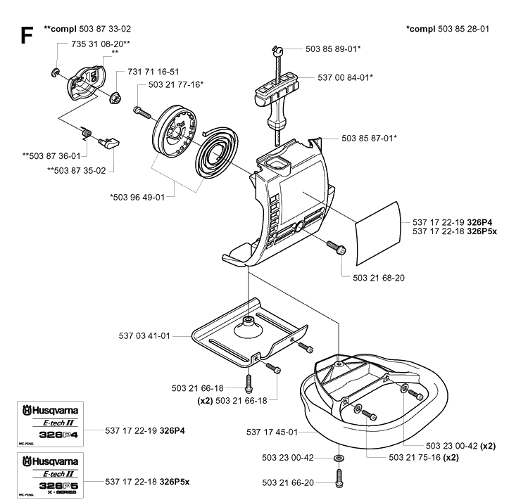 Starter Diagram and Parts List for 326P 20042300001-20062700000 Husqvarna Pole Saw