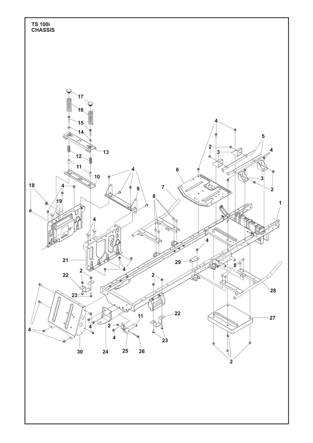 Chassis Diagram and Parts List for TS100I  Husqvarna Lawn Tractor