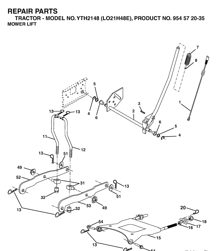 Mower Lift / Deck Lift Diagram and Parts List for YTH2148-LO21H48E 2005-05 Husqvarna Lawn Tractor