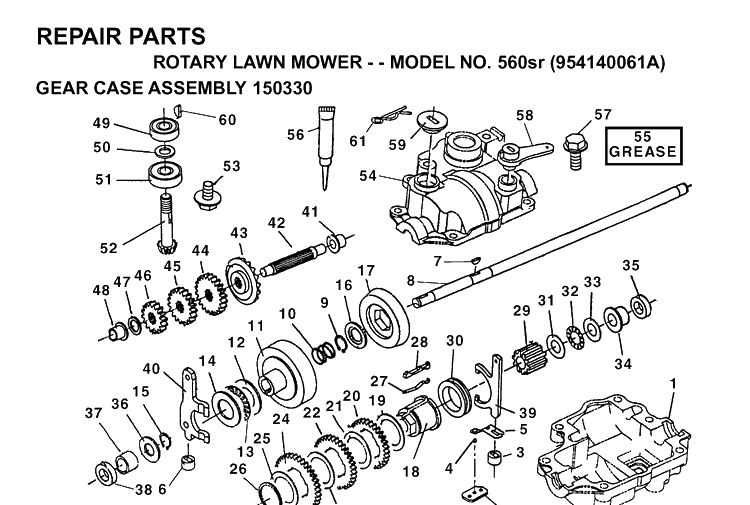 Gear Case Diagram and Parts List for 560SR (954140061A)(1998-10) Husqvarna Lawn Mower