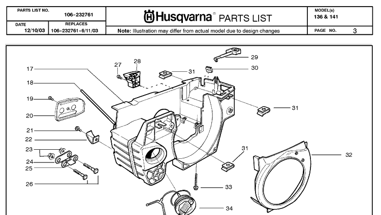 Crankcase Diagram and Parts List for 136 20040100001-Current Husqvarna Chainsaw