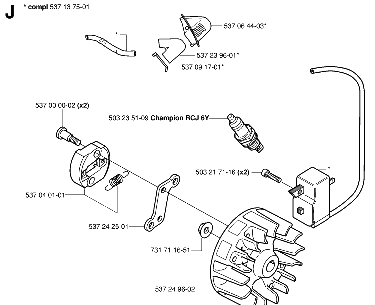 Ignition System Diagram and Parts List for HA110 20040100001-20054000000 Husqvarna Hedge Trimmer