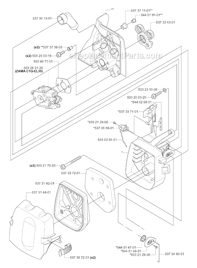 Carburetor  Air Filter Diagram and Parts List for 333R 2005-06 Husqvarna Brush Cutter