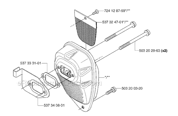 Muffler Diagram and Parts List for 333R 2006-10 Husqvarna Brush Cutter