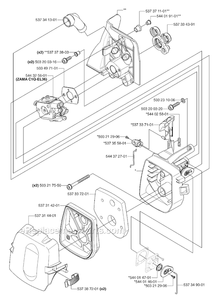 Carburetor  Air Filter Diagram and Parts List for 333R 2007-01 Husqvarna Brush Cutter