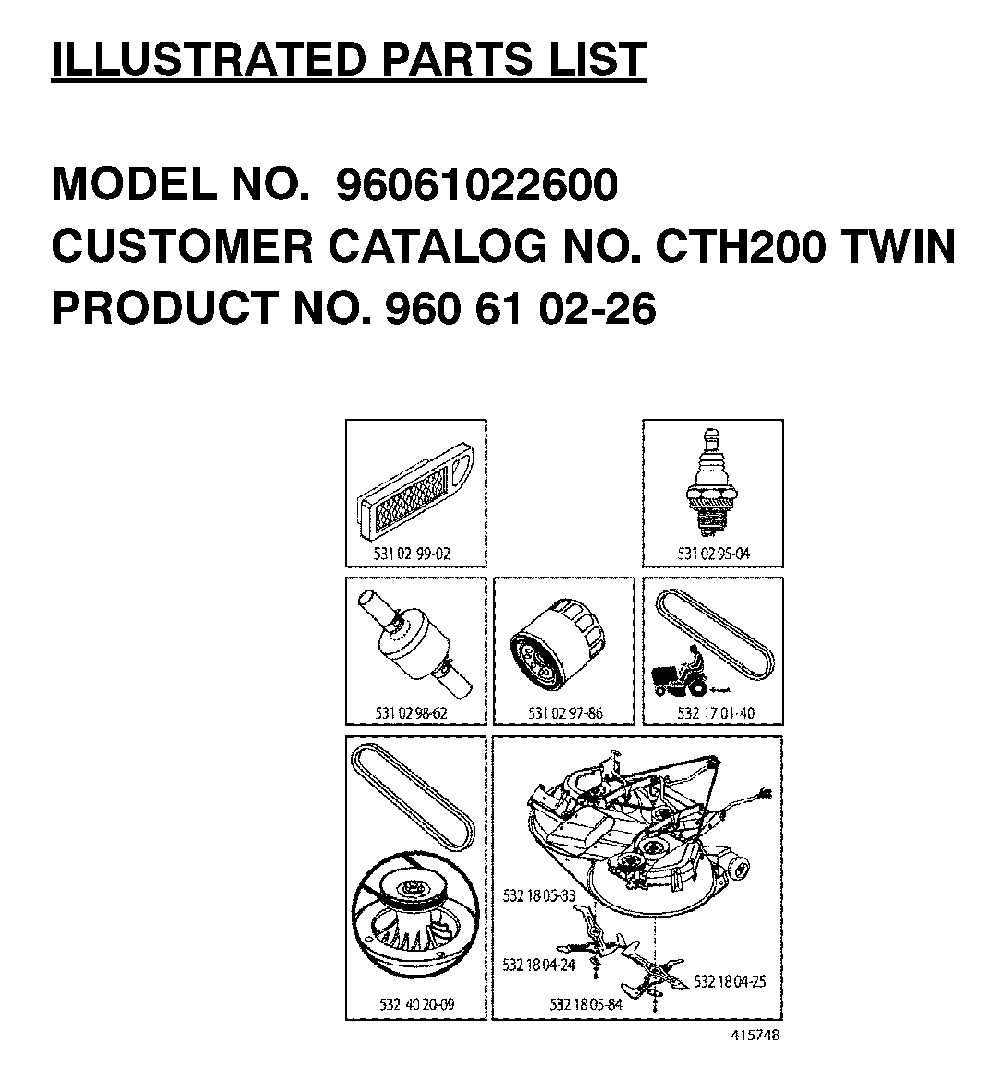Frequently Used Parts Diagram and Parts List for CTH200TWIN (96061022600)(2007-10) Husqvarna Lawn Tractor