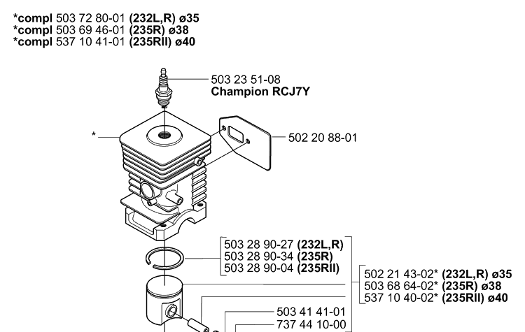 Piston/Cylinder Diagram and Parts List for 232L 2006-01 Husqvarna Trimmer