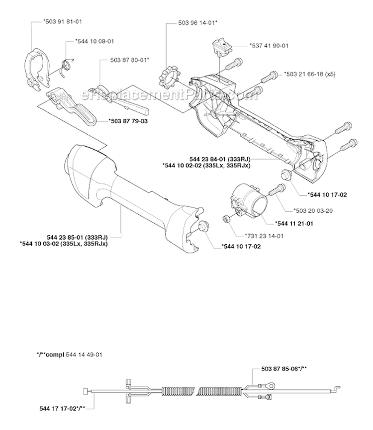 Handle  Controls Diagram and Parts List for 335RJX 2006-10 Husqvarna Brush Cutter