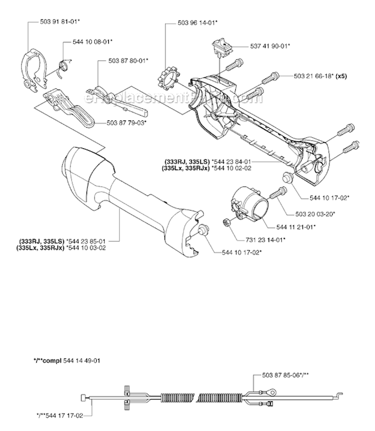 Handle  Controls Diagram and Parts List for 335RJX 2007-01 Husqvarna Brush Cutter