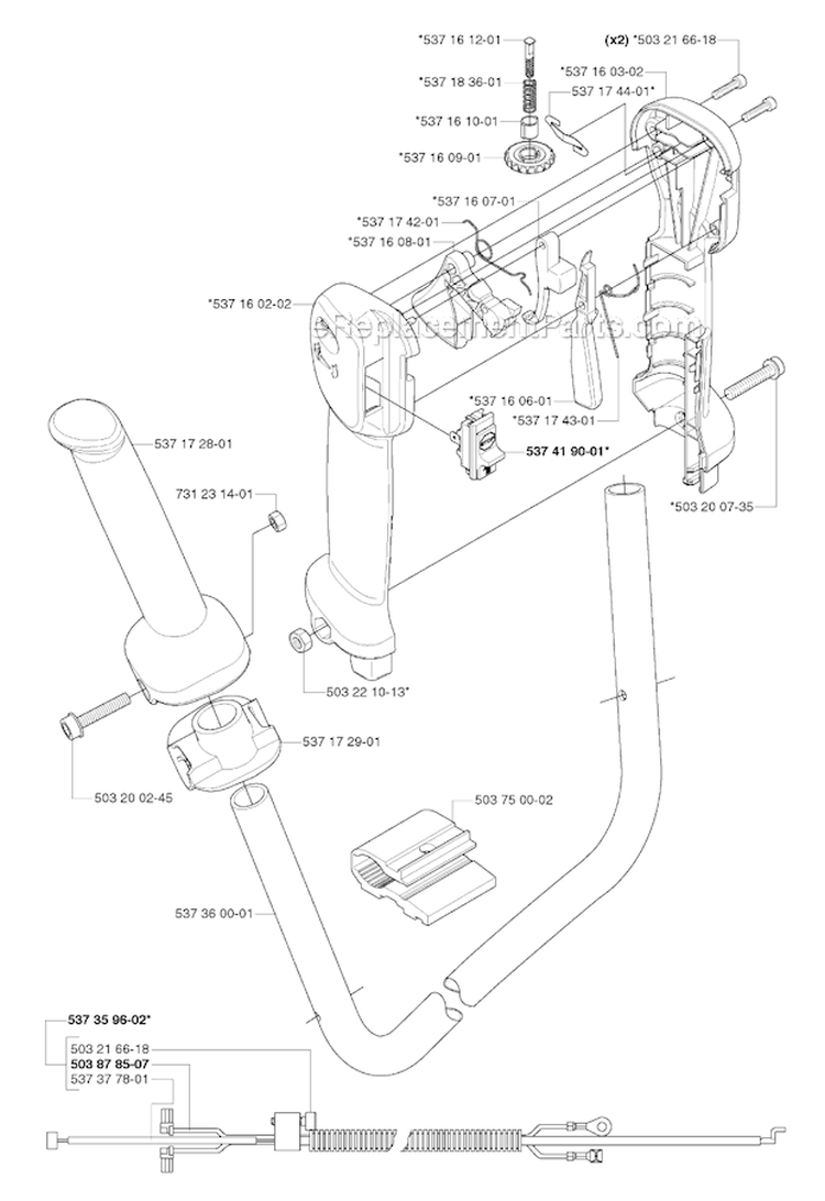 Handle  Controls Diagram and Parts List for 335RX 2006-10 Husqvarna Brush Cutter