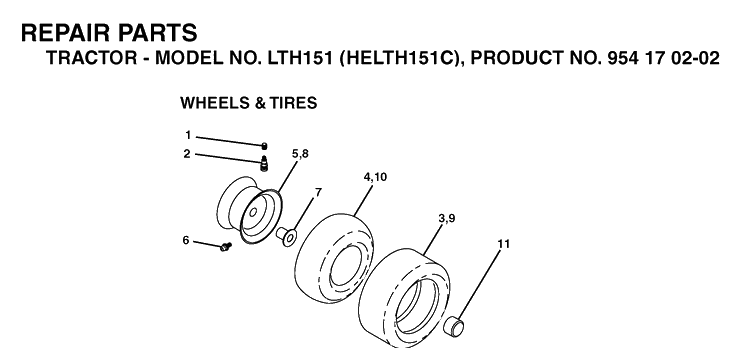 Wheels And Tires Diagram and Parts List for LTH151 (HELTH151C)(2004-09) Husqvarna Lawn Tractor