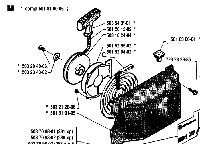 Starter Diagram and Parts List for 288 19933600001-19974900000 Husqvarna Chainsaw