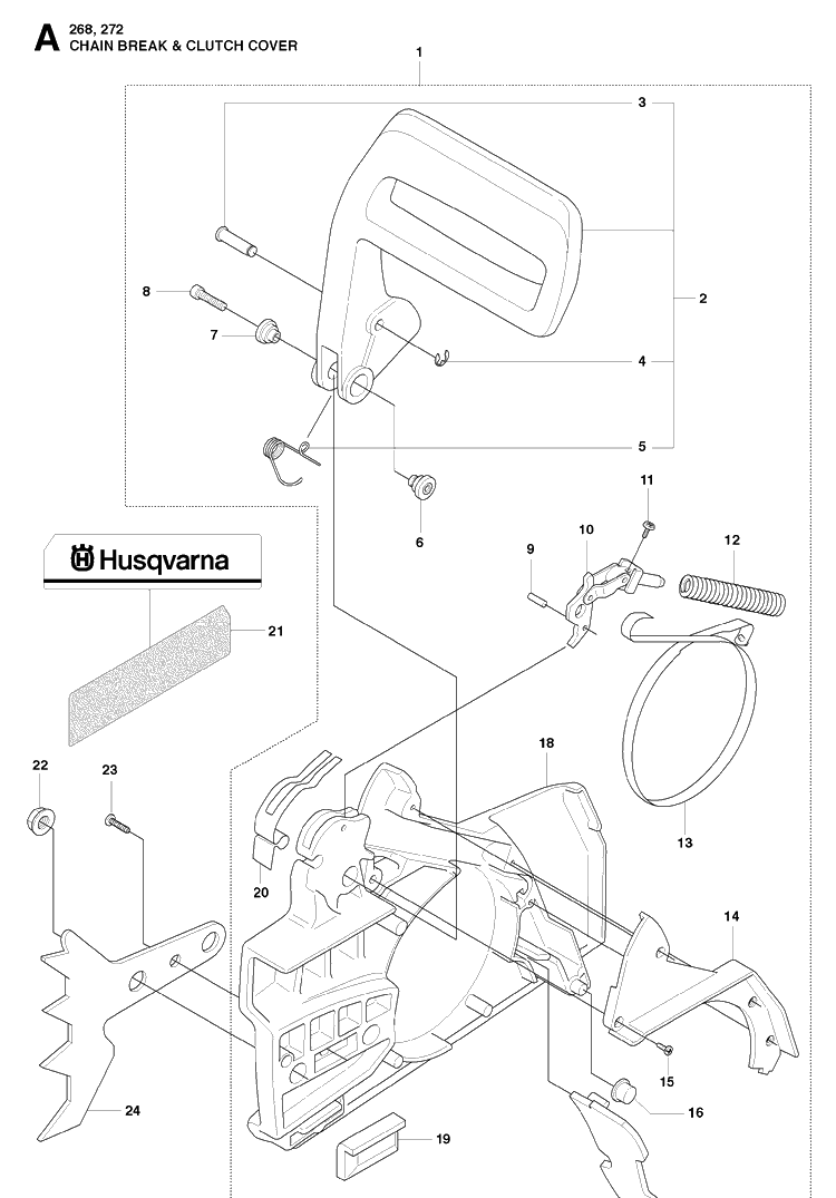 Chain Brake And Clutch Cover Diagram and Parts List for 272XP 20091400001-20163200000 Husqvarna Chainsaw
