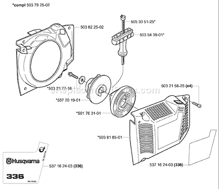 Page J Diagram and Parts List for 336 2003-10 Husqvarna Chainsaw