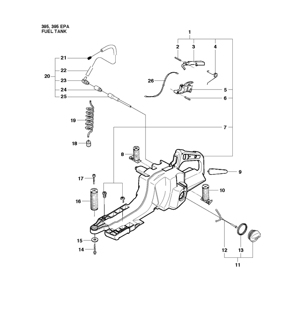 Fuel Tank Diagram and Parts List for 395XP-395XPG 395 XP W - 395 XP GW Husqvarna Chainsaw