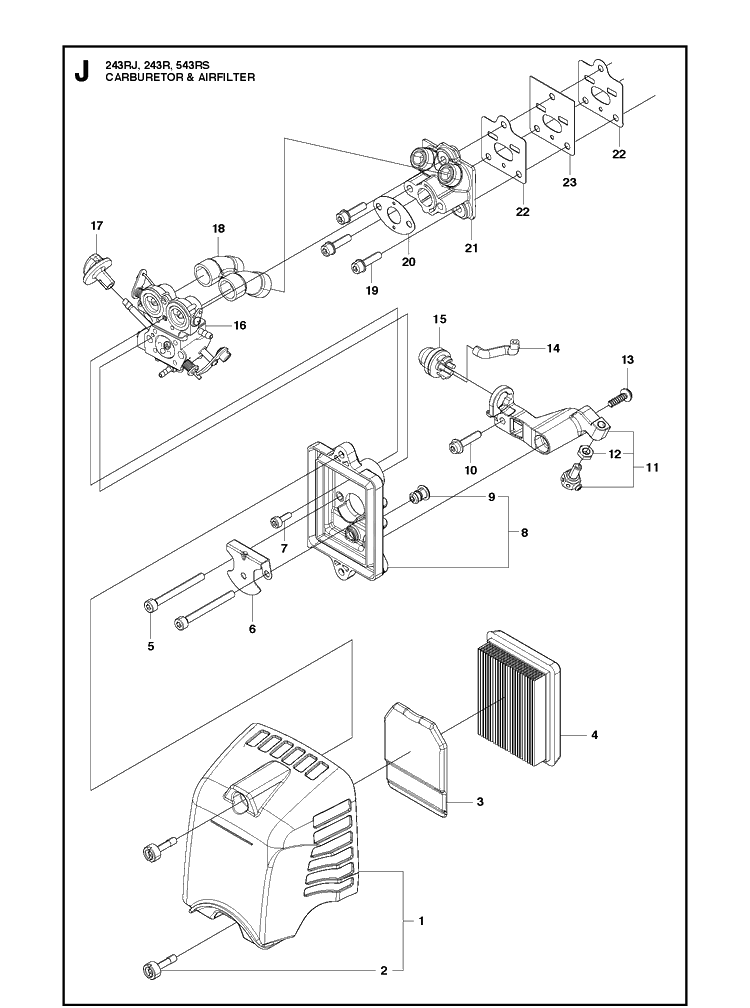 Carburetor And Air Filter Diagram and Parts List for 543RS 20113200001-20121000000 Husqvarna Brush Cutter