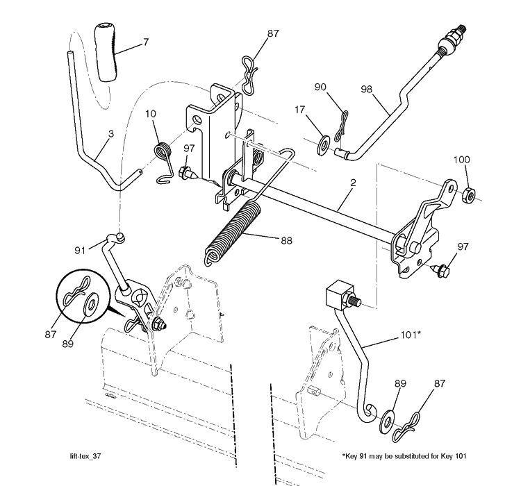 Mower Lift Lever Diagram and Parts List for YTH1942 (96048010200)(2021-7) Husqvarna Lawn Tractor