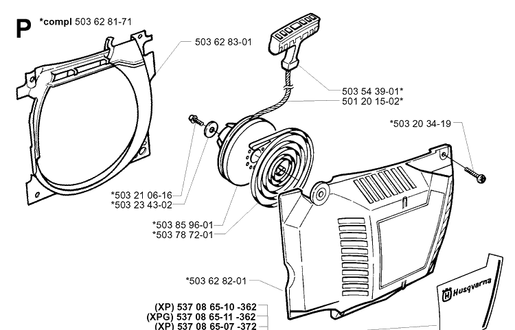 Starter Diagram and Parts List for 362XP 19994500001-20014000000 Husqvarna Chainsaw