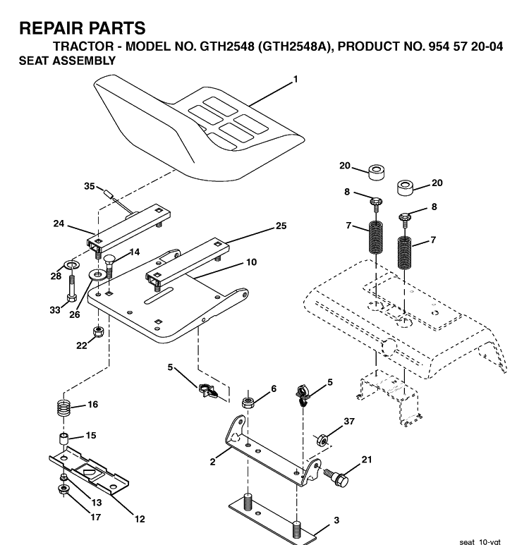 Seat Diagram and Parts List for GTH2548 (954572004)(2004-05) Husqvarna Lawn Tractor