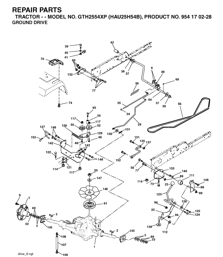 Drive Diagram and Parts List for GTH2554XP (HAU25H54B)(2004-09) Husqvarna Lawn Tractor