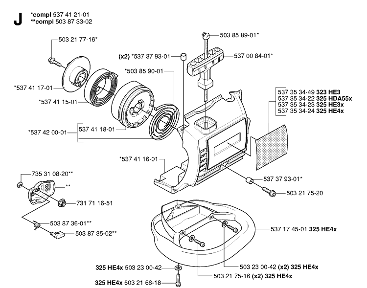 Starter Diagram and Parts List for 325HA110 20054000001-20040100000 Husqvarna Hedge Trimmer